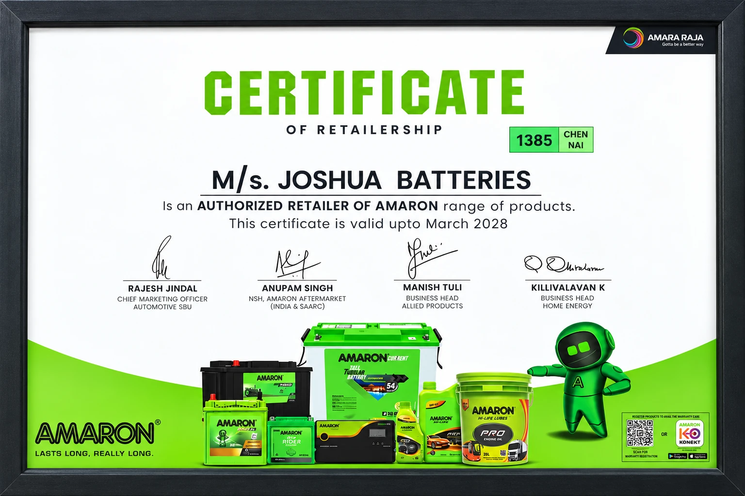 Joshua Batteries authorized AMARON retailer certificate valid up to March 2028