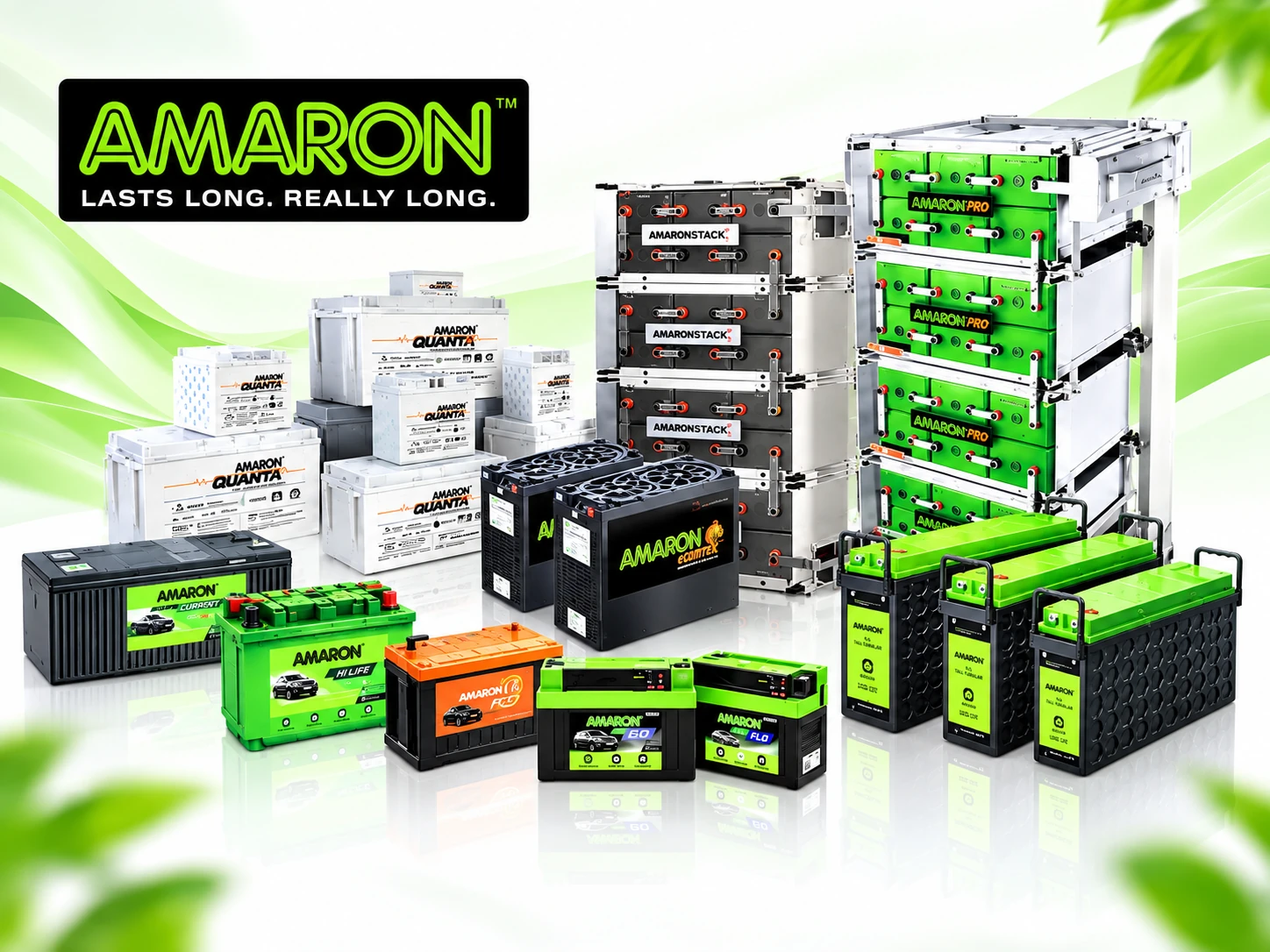 AMARON energy showcase with automotive, industrial and backup battery products