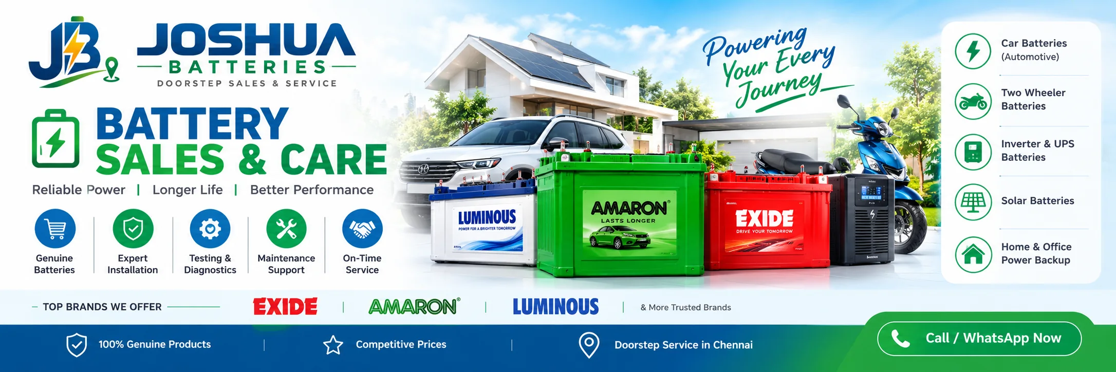 Battery Sales and Care: Exide, Amaron, Luminous and MICROTEK batteries, UPS, inverter and vehicle power solutions