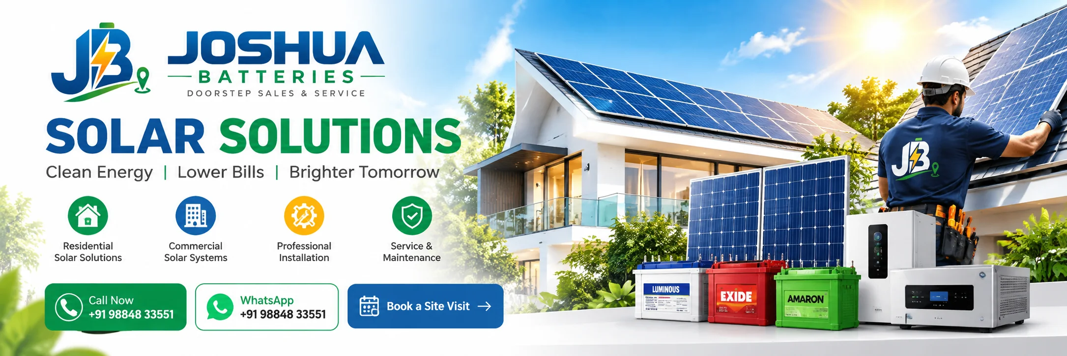 Joshua Batteries solar solutions: residential and commercial installations, panels and maintenance