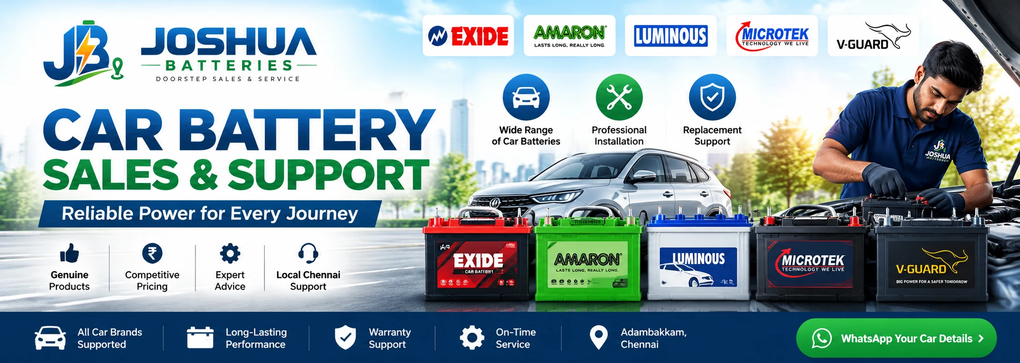 Joshua Batteries — car battery sales and support in Chennai, with battery products, car and service technician