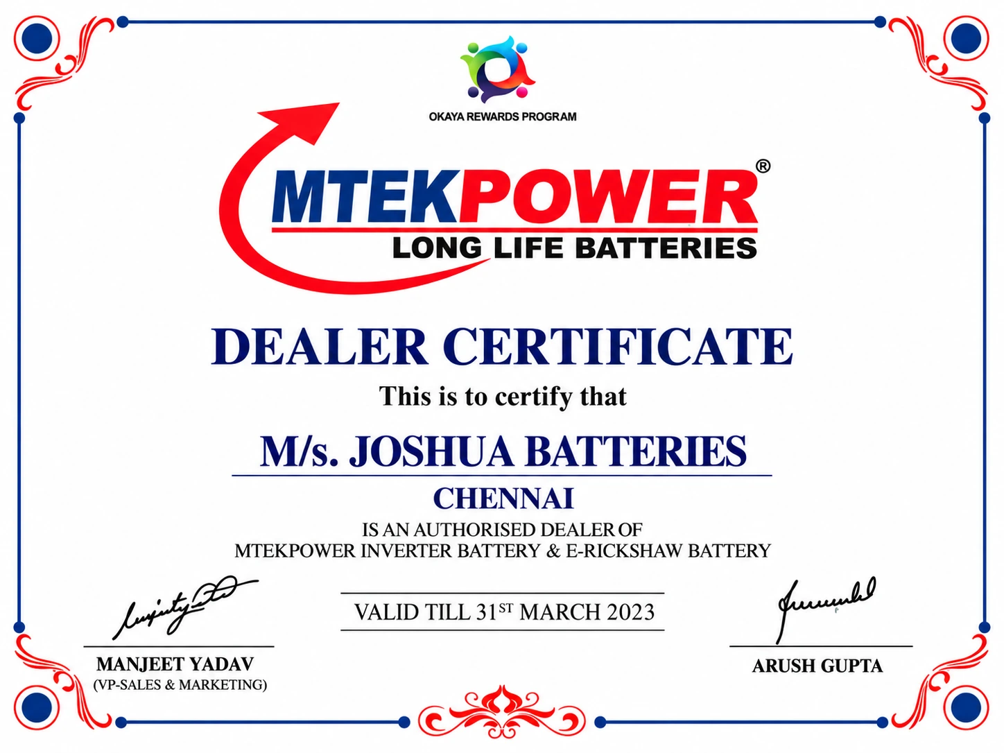 Joshua Batteries MTEKPOWER dealer certificate showing validity up to 31 March 2023