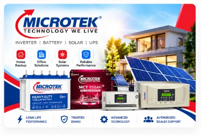 MICROTEK product banner showing battery, inverter, solar and backup power solutions